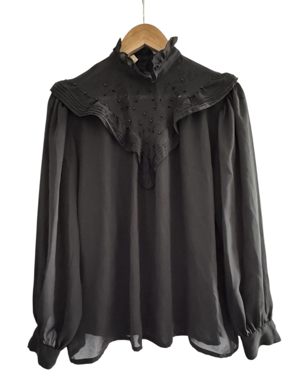 Vintage Romantic Sheer Black Blouse Prairie Goth High Neck Beaded